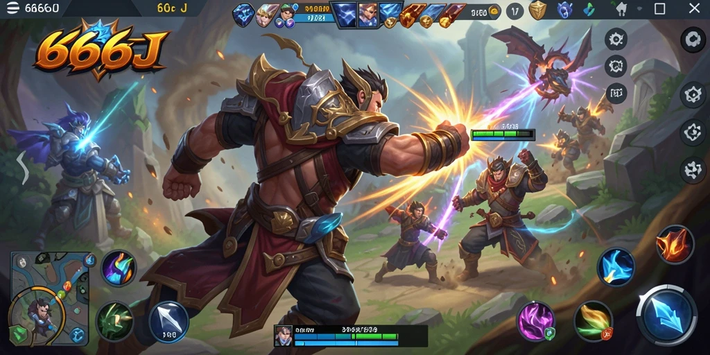 Screenshot gameplay 666J menampilkan pertarungan seru antar karakter MOBA.