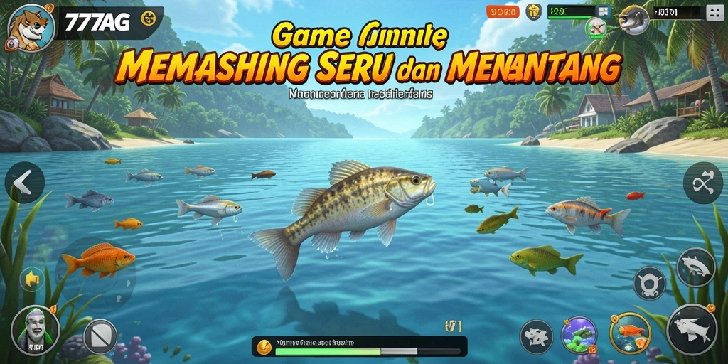 Tampilan gameplay 777AG saat menangkap ikan di danau yang indah.