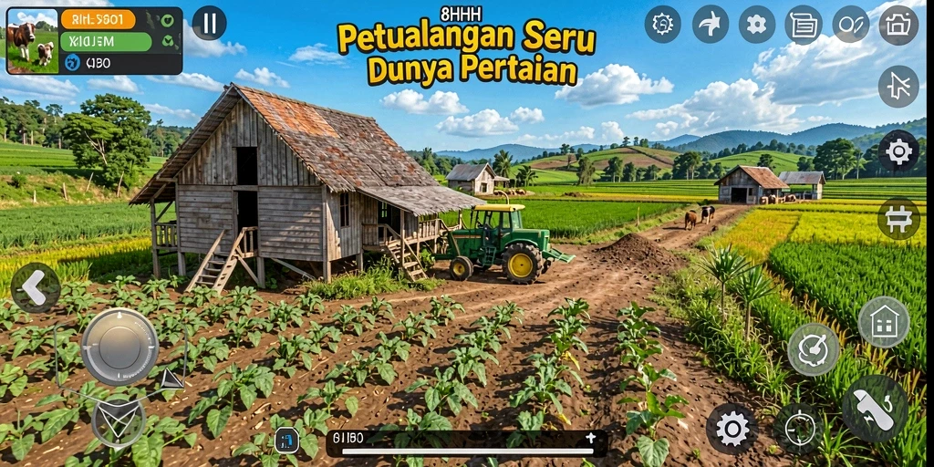Tampilan menarik dari gameplay 8HHH yang menampilkan aktivitas bertani.