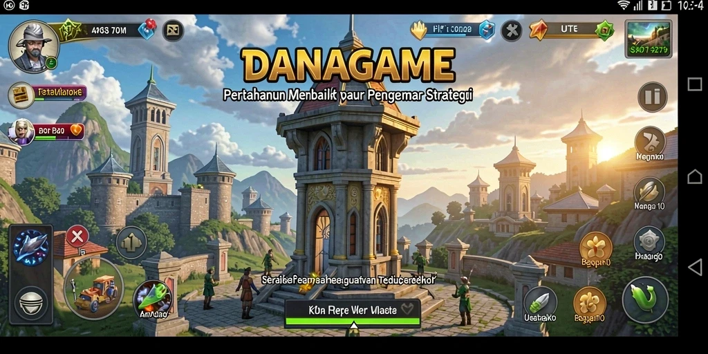 Screenshot gameplay DANAGAME yang menunjukkan aksi menara mempertahankan markas dari serangan musuh.