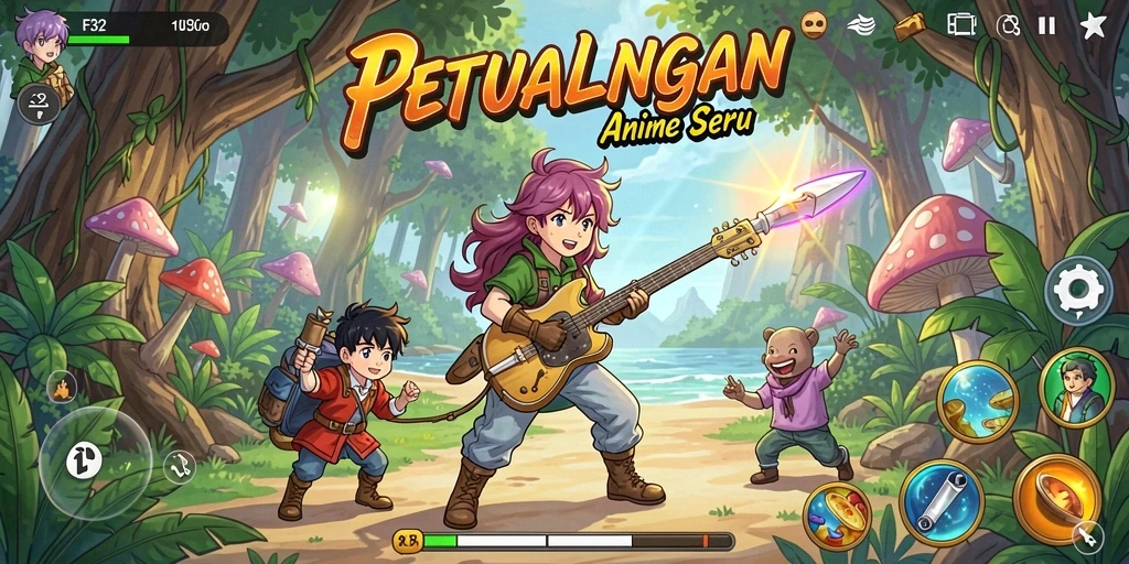 Tangkapan layar gameplay F32 menampilkan aksi seru dengan karakter anime.