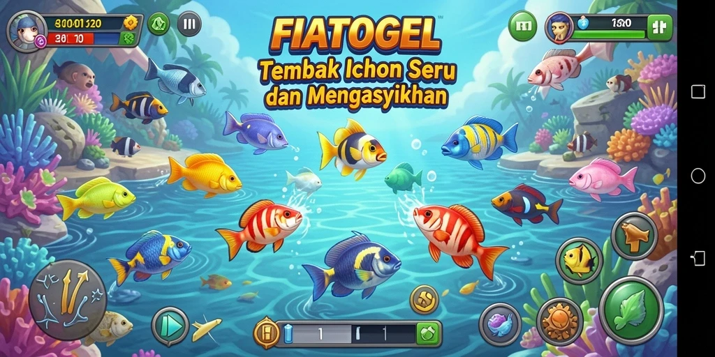 Gameplay seru dalam FIATOGEL menunjukkan aksi menembak ikan.
