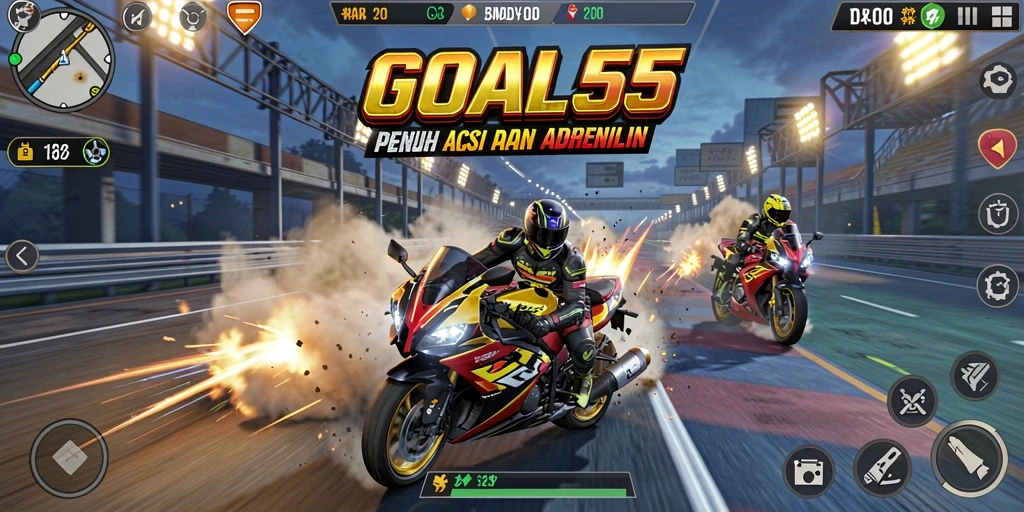 Gameplay seru dari balapan motor dalam GOAL55 yang menantang.