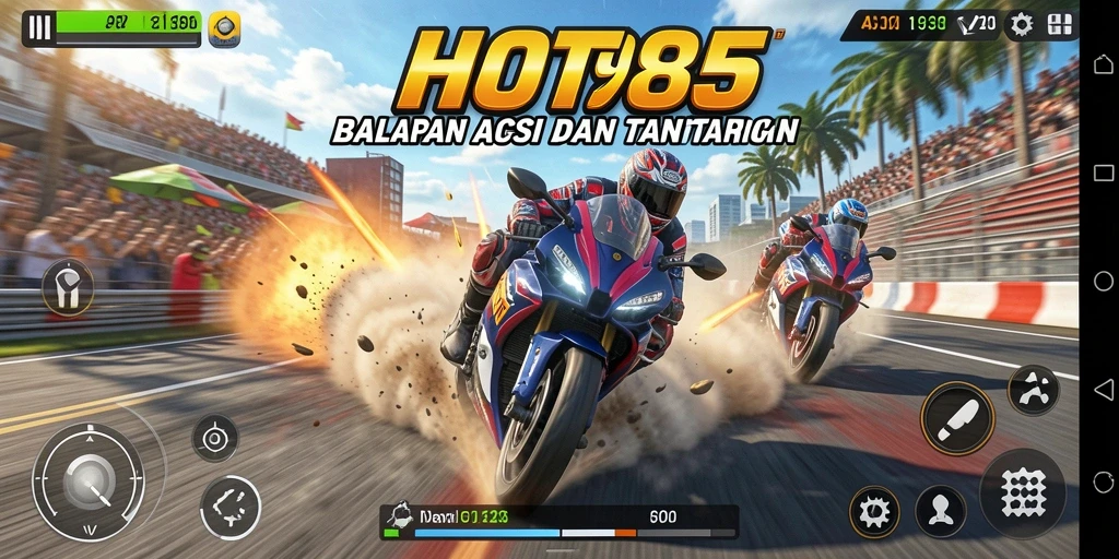 Tampilan gameplay menegangkan dalam balapan motor di HOT985.