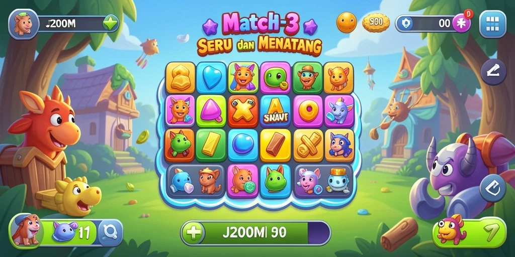 Tampilan gameplay seru di J200M yang penuh warna.