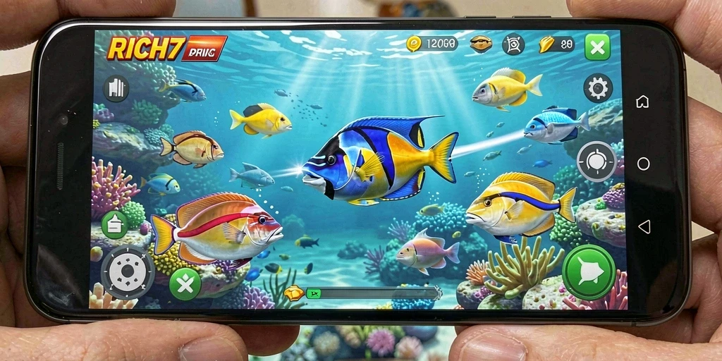 Tampilan gameplay RICH7 dengan warna-warni ikan di bawah laut.