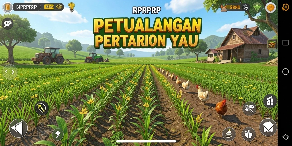 Tampilan gameplay RPRPRP yang menarik dengan ladang dan hewan ternak.