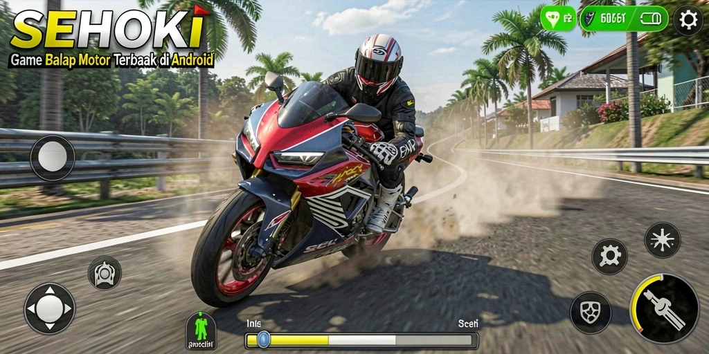 Gameplay SEHOKI dengan motor balap yang cepat dan lintasan menantang.