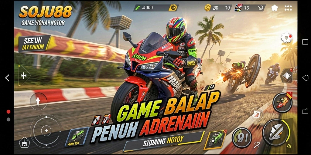 Gameplay seru SOJU88 dengan balapan motor yang mendebarkan.
